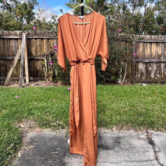 Baltic Born Santana Wide Leg Kimono Sleeves Belted Jumpsuit in Dark Camel Size S - Picture 2 of 9